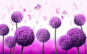 Фреска Фиолетовые 3D цветы и бабочки